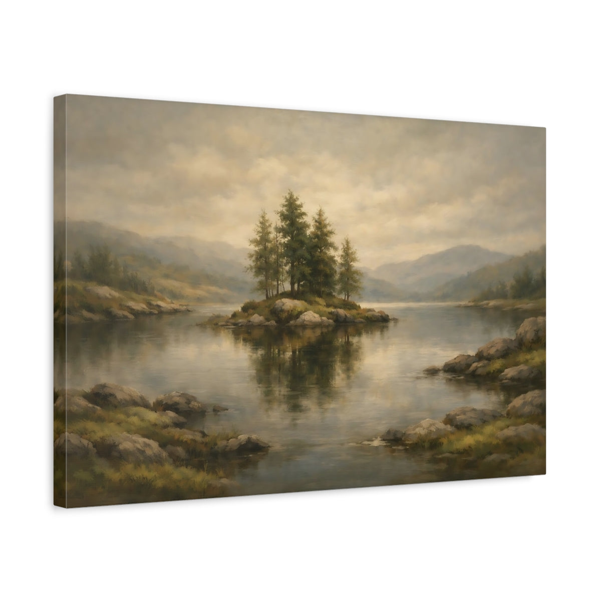 Side Mockup 3. Nature Lake Island Misty Lake Island shown as stretched canvas wall art