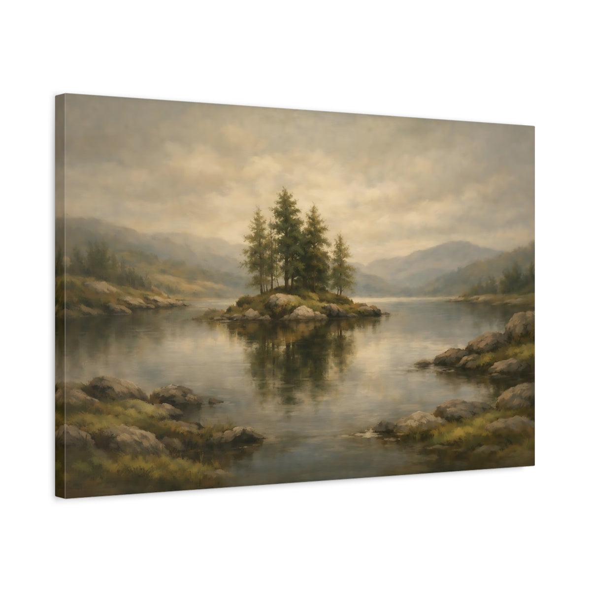 Side Mockup 2. Nature Lake Island Misty Lake Island shown as stretched canvas wall art