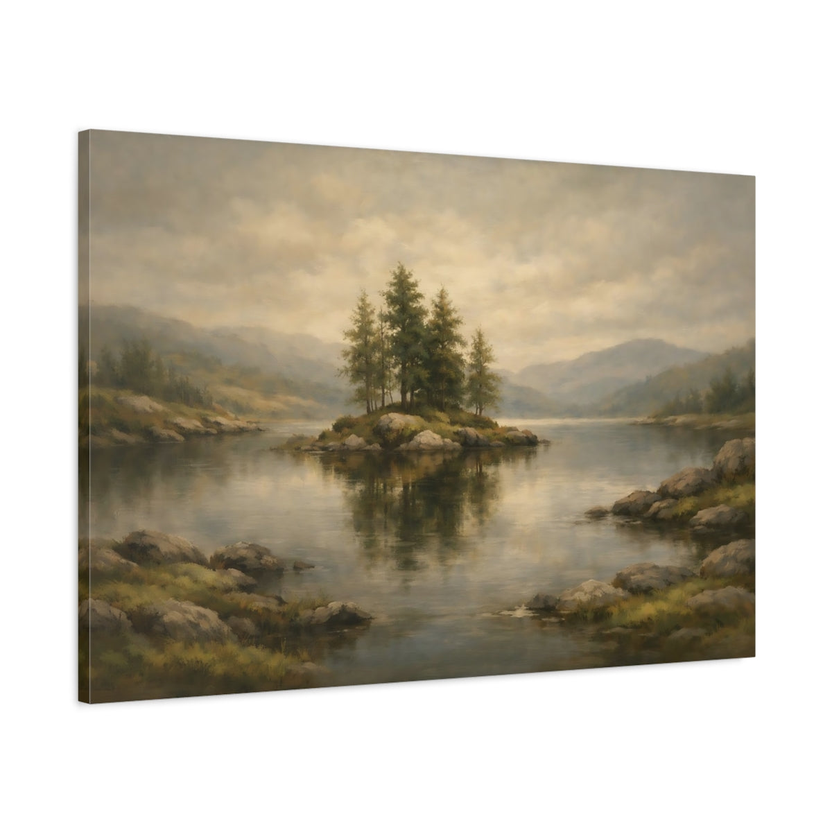 Side Mockup 1. Nature Lake Island Misty Lake Island shown as stretched canvas wall art