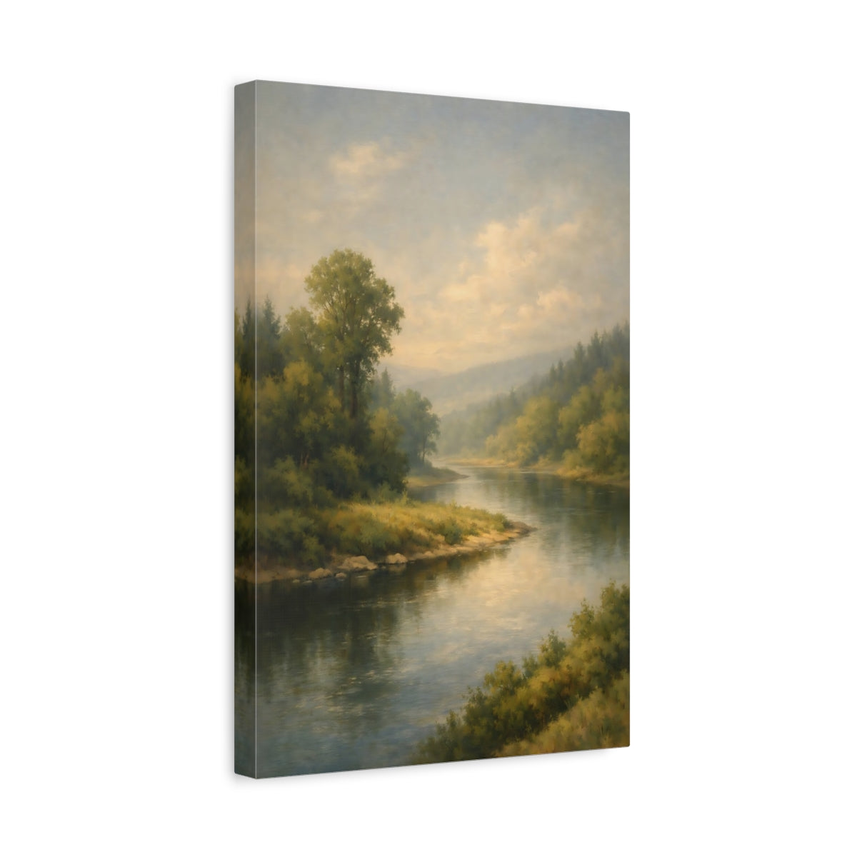 Side Mockup 4. Nature River Green River Landscape shown as stretched canvas wall art