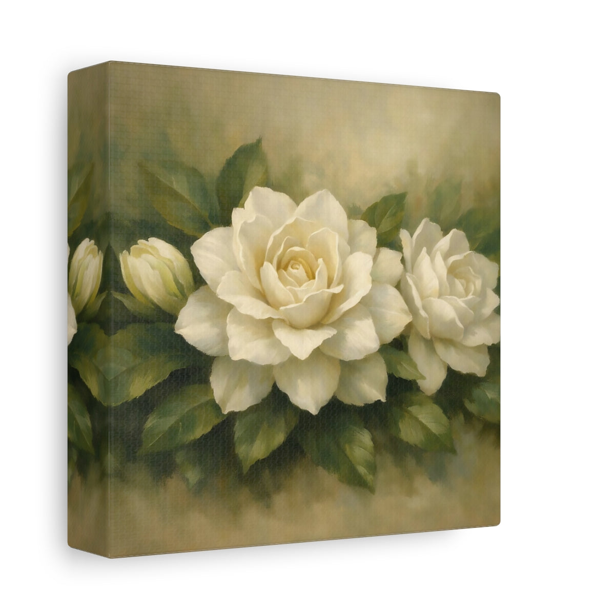 Side Mockup 1. Floral White Gardenia White Gardenia shown as stretched canvas wall art