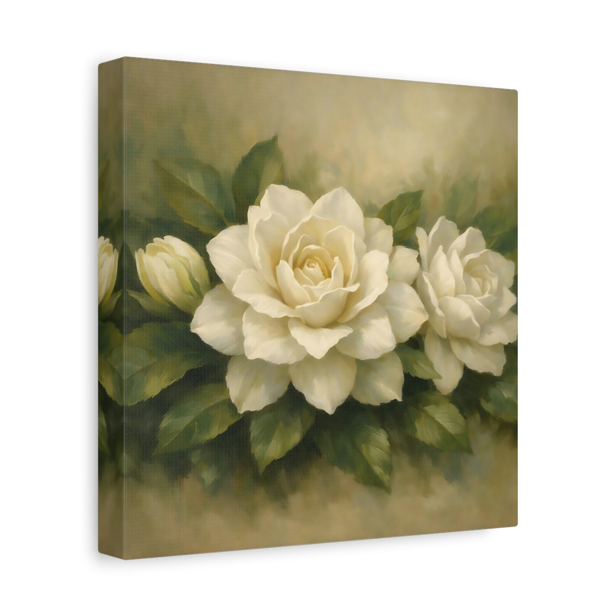 Side Mockup 9. Floral White Gardenia White Gardenia shown as stretched canvas wall art