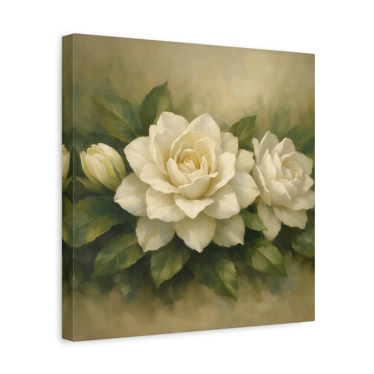 Side Mockup 7. Floral White Gardenia White Gardenia shown as stretched canvas wall art