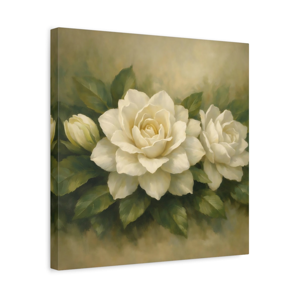 Side Mockup 6. Floral White Gardenia White Gardenia shown as stretched canvas wall art