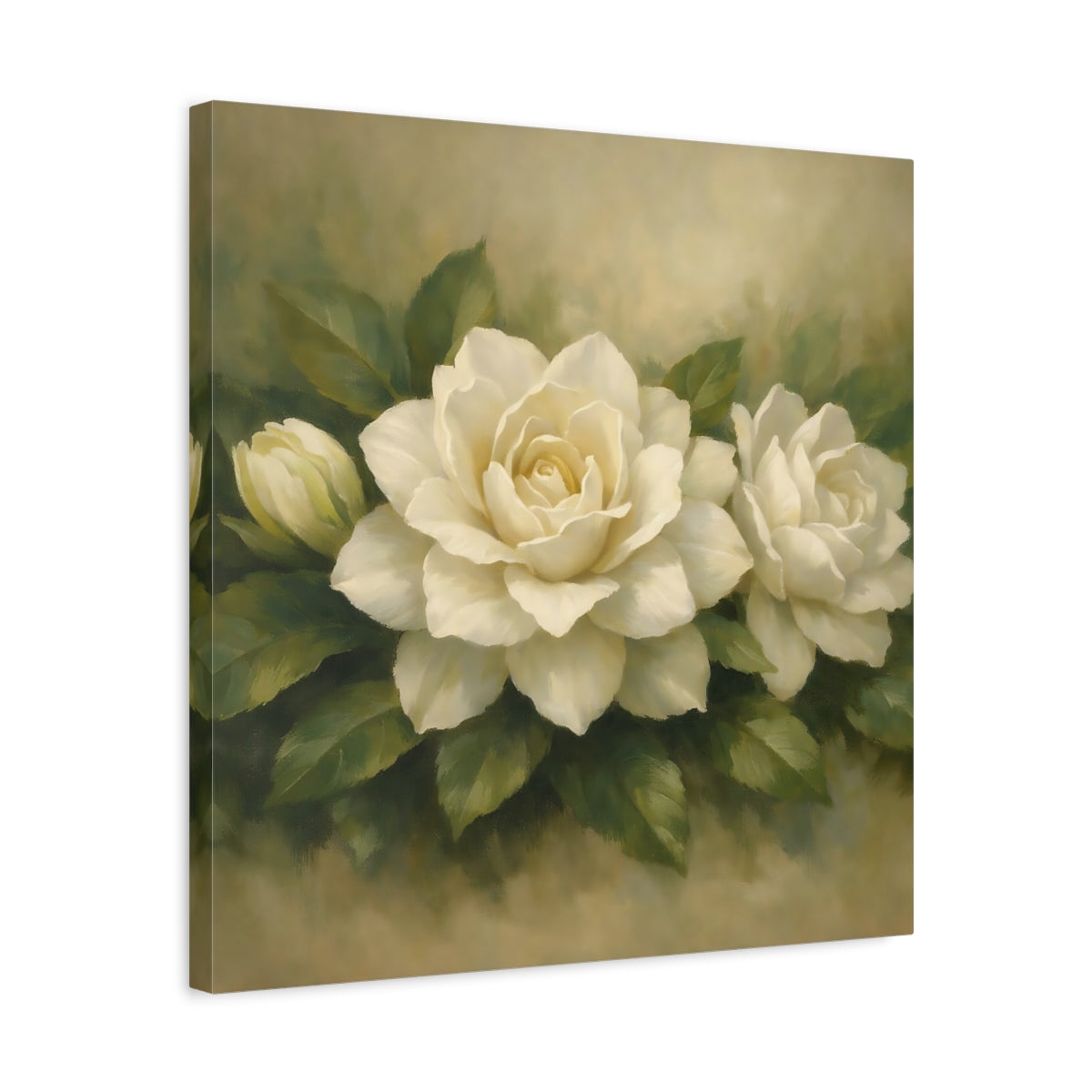 Side Mockup 5. Floral White Gardenia White Gardenia shown as stretched canvas wall art