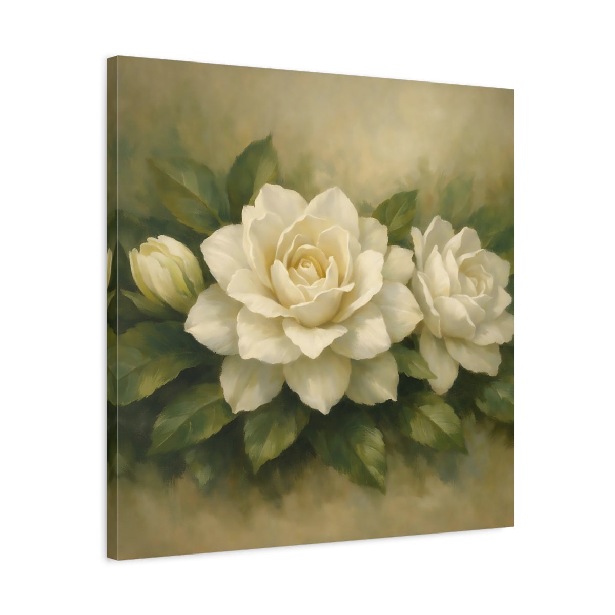 Side Mockup 4. Floral White Gardenia White Gardenia shown as stretched canvas wall art
