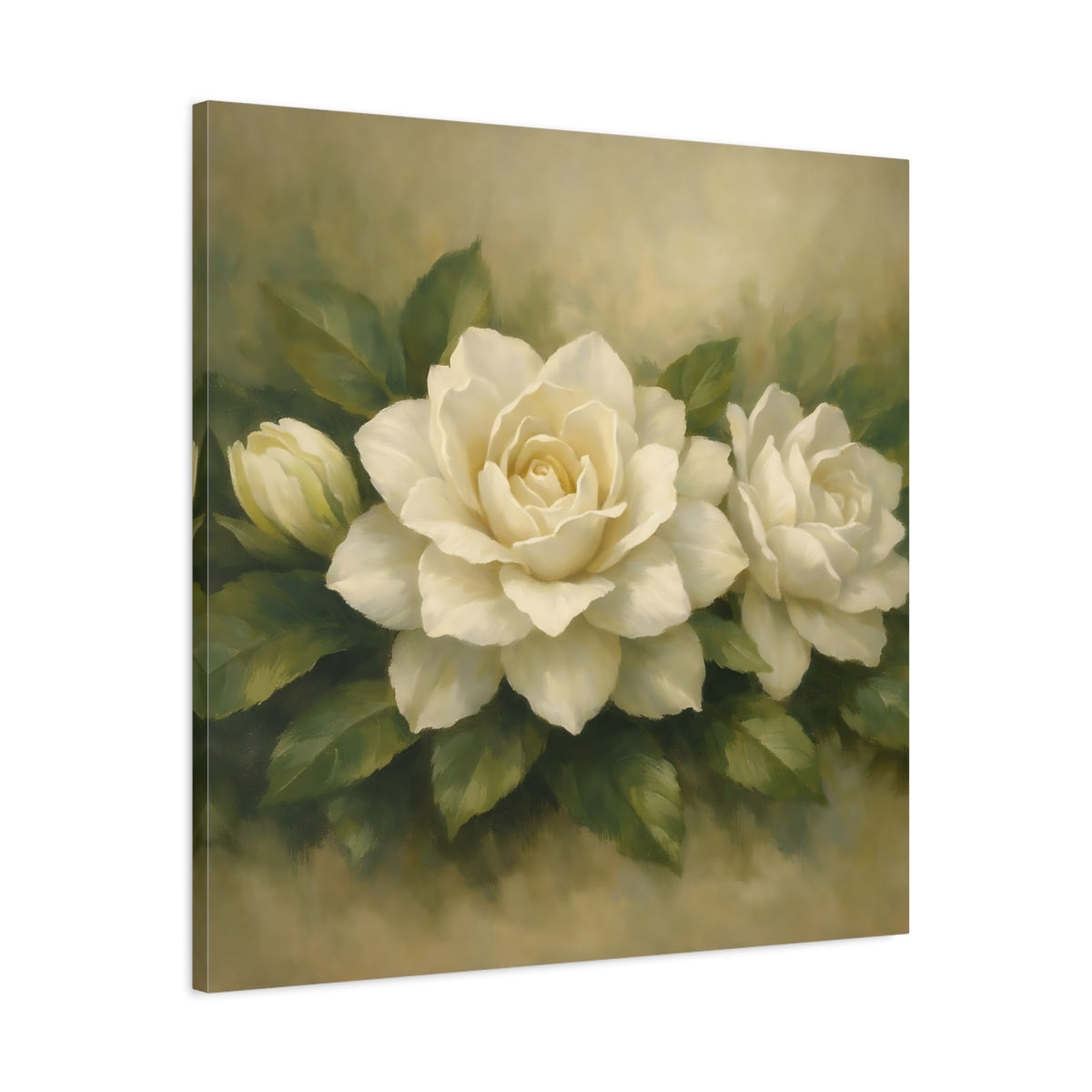 Side Mockup 3. Floral White Gardenia White Gardenia shown as stretched canvas wall art