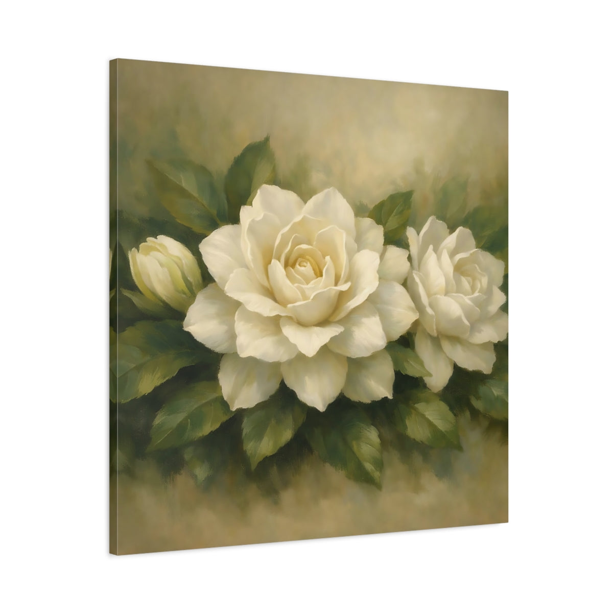 Side Mockup 2. Floral White Gardenia White Gardenia shown as stretched canvas wall art