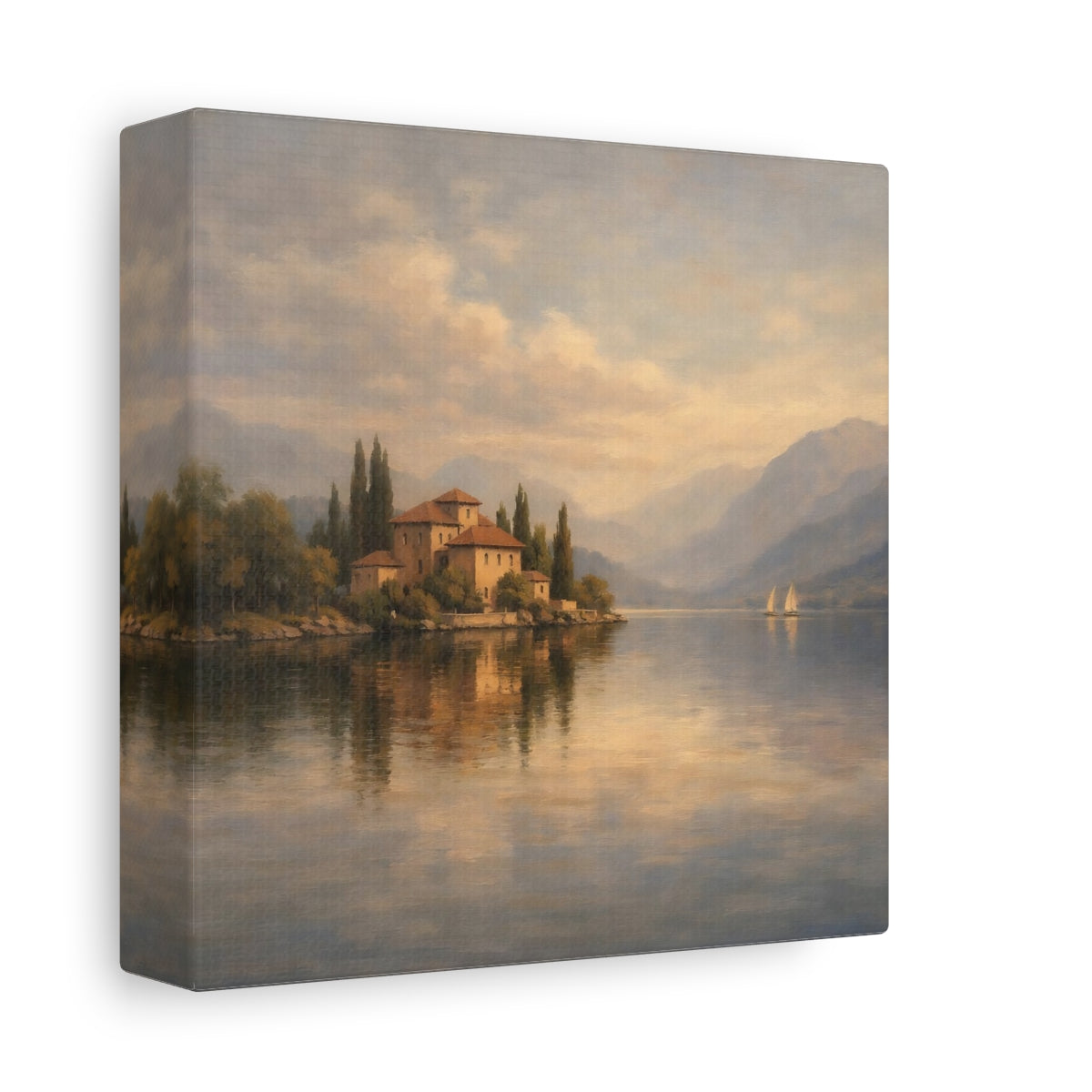 Side Mockup 1. Nature Lakeside Villa Lake Villa Scene shown as stretched canvas wall art