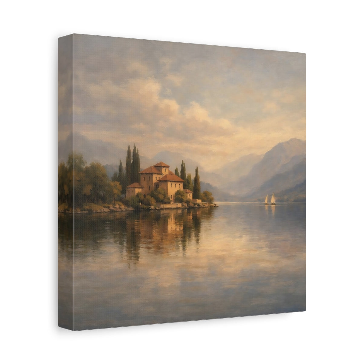 Side Mockup 9. Nature Lakeside Villa Lake Villa Scene shown as stretched canvas wall art