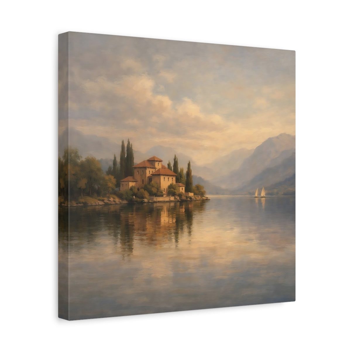 Side Mockup 7. Nature Lakeside Villa Lake Villa Scene shown as stretched canvas wall art