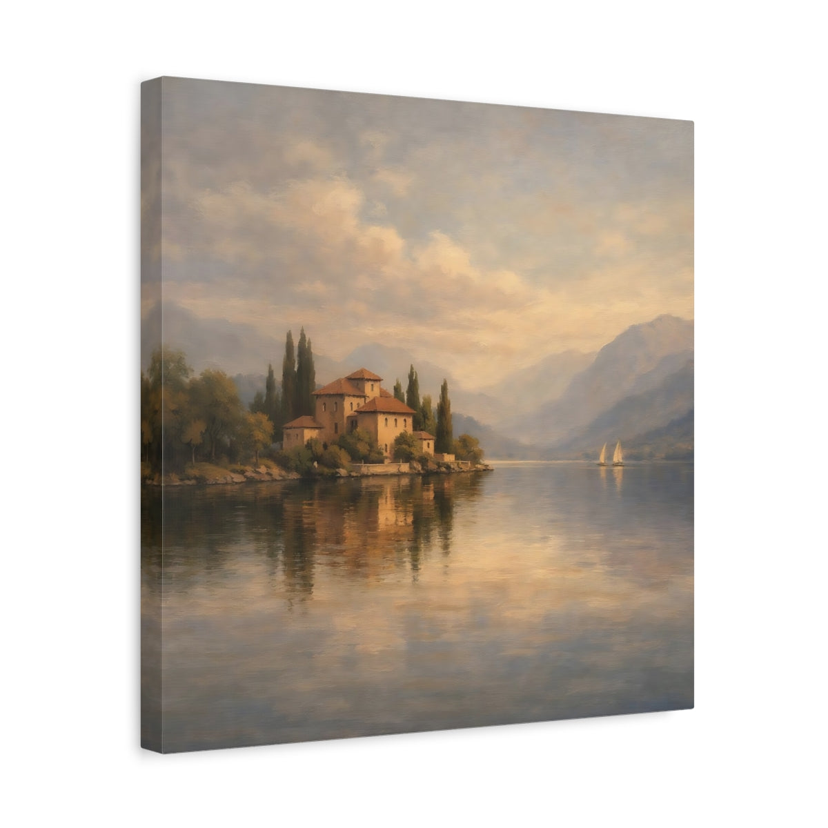 Side Mockup 6. Nature Lakeside Villa Lake Villa Scene shown as stretched canvas wall art
