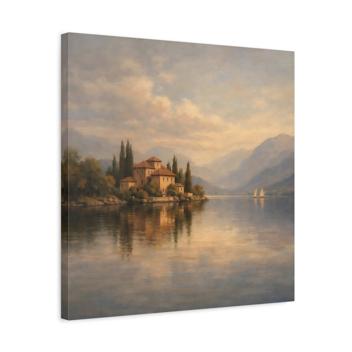Side Mockup 5. Nature Lakeside Villa Lake Villa Scene shown as stretched canvas wall art