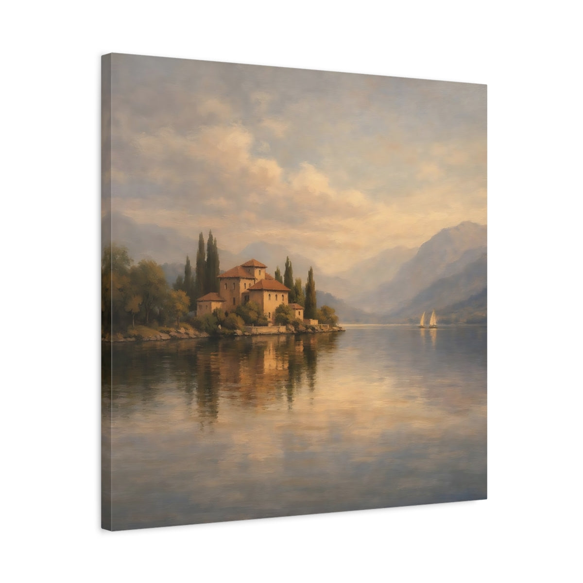 Side Mockup 4. Nature Lakeside Villa Lake Villa Scene shown as stretched canvas wall art