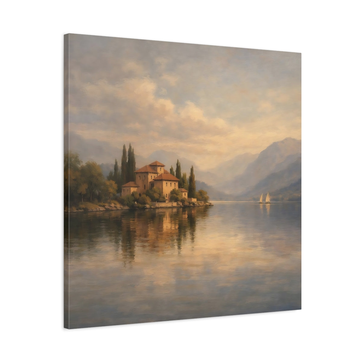 Side Mockup 3. Nature Lakeside Villa Lake Villa Scene shown as stretched canvas wall art