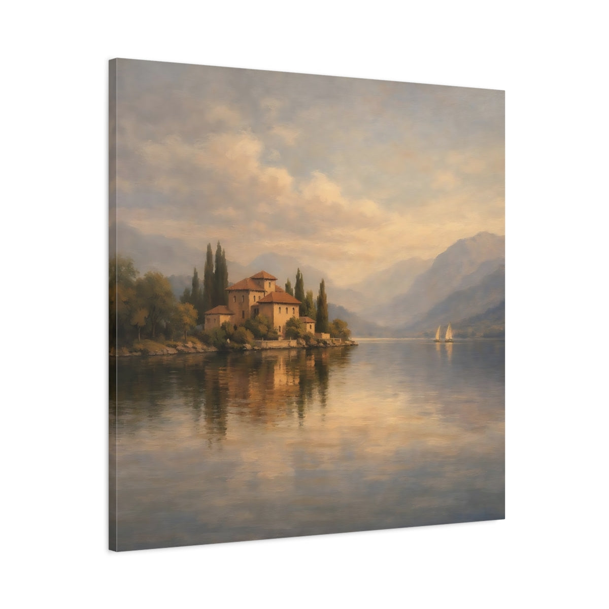 Side Mockup 2. Nature Lakeside Villa Lake Villa Scene shown as stretched canvas wall art