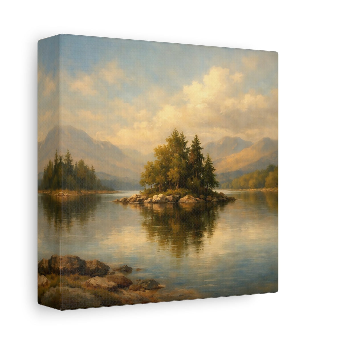Side Mockup 1. Nature Lake Island Lake Mountain Landscape shown as stretched canvas wall art