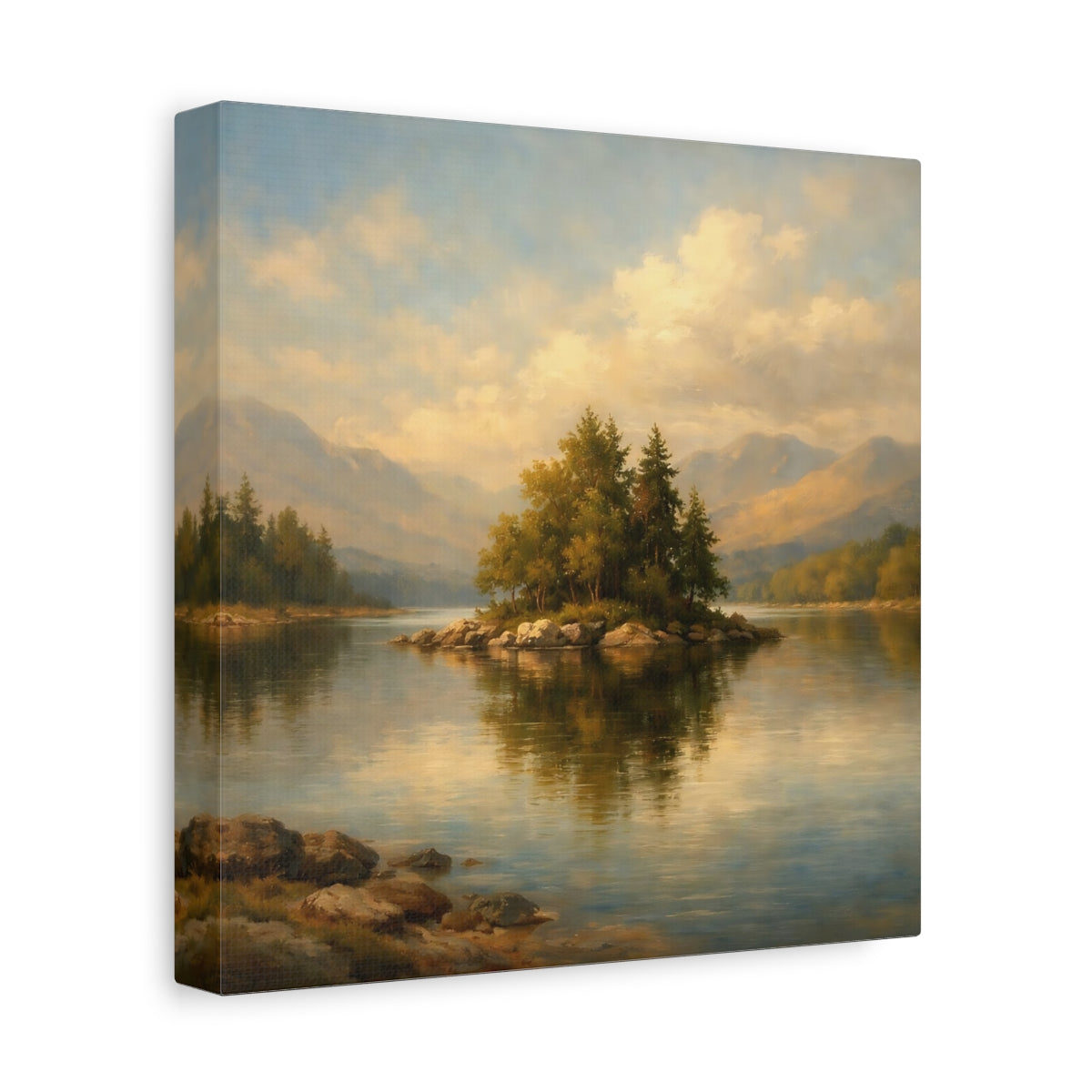 Side Mockup 9. Nature Lake Island Lake Mountain Landscape shown as stretched canvas wall art