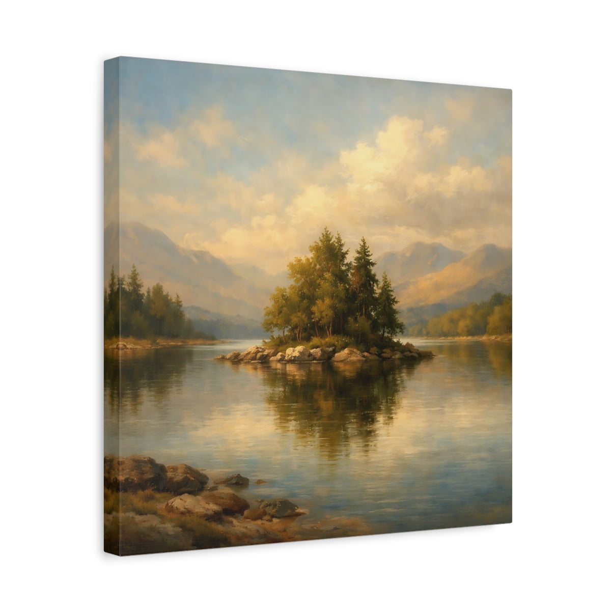 Side Mockup 6. Nature Lake Island Lake Mountain Landscape shown as stretched canvas wall art