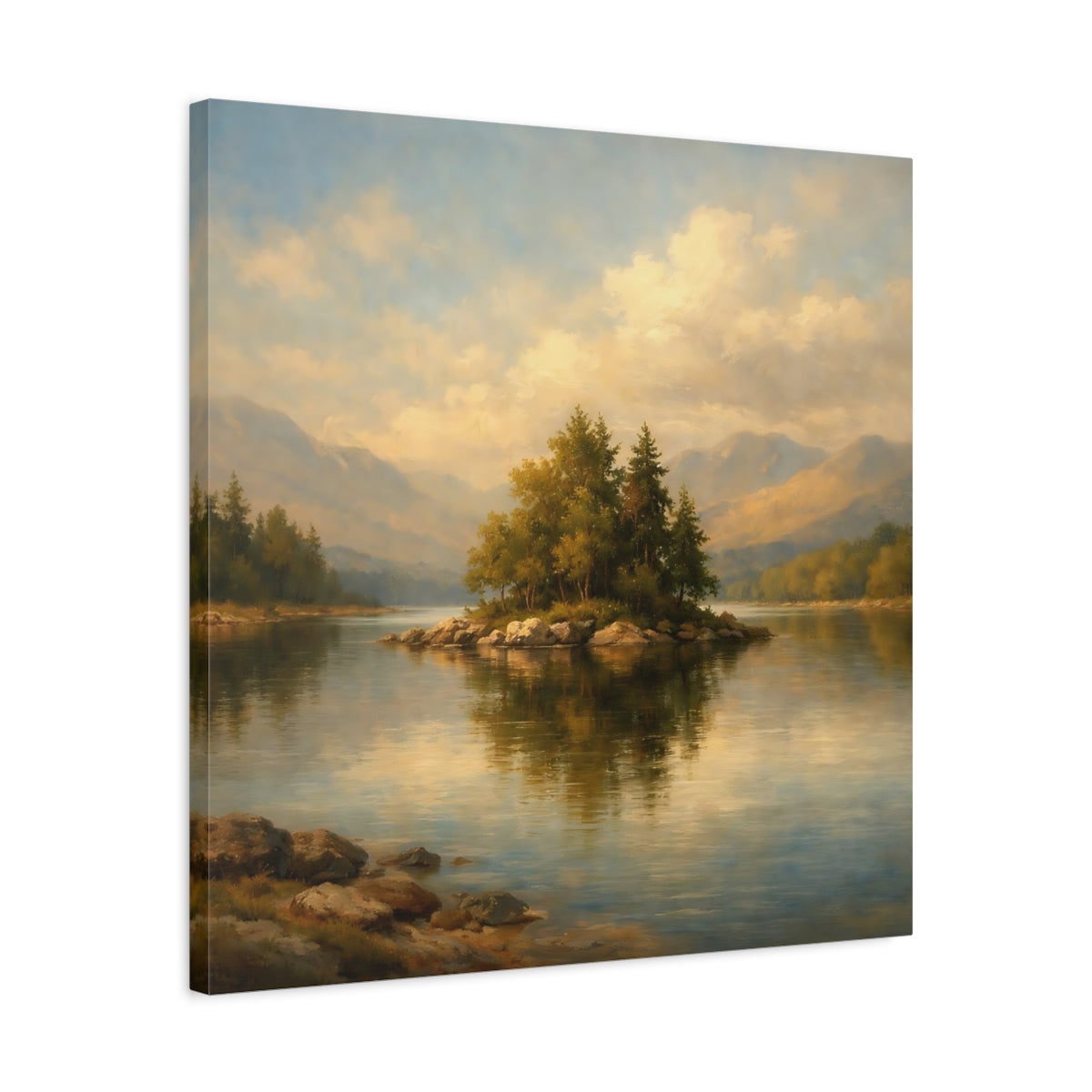Side Mockup 4. Nature Lake Island Lake Mountain Landscape shown as stretched canvas wall art