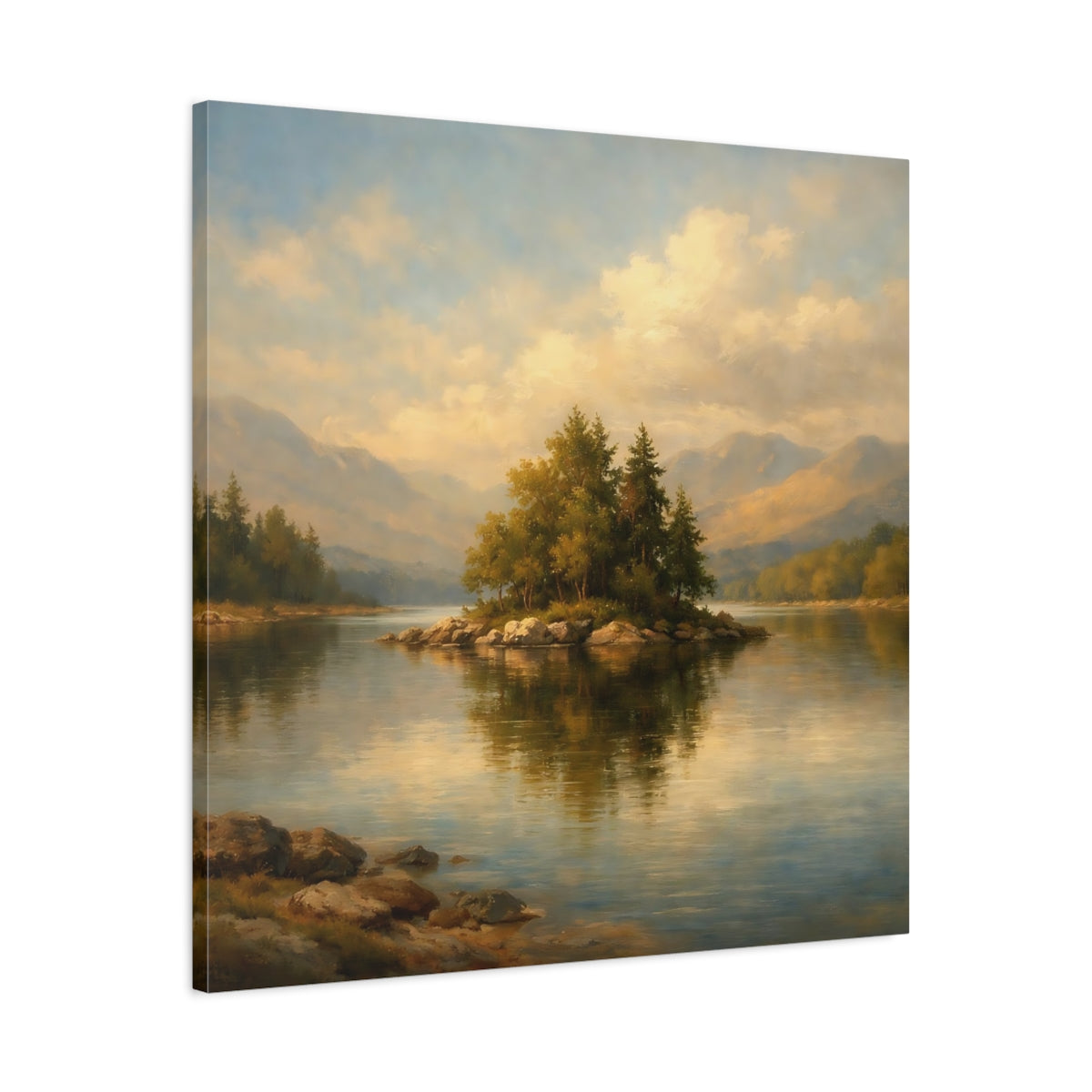 Side Mockup 3. Nature Lake Island Lake Mountain Landscape shown as stretched canvas wall art