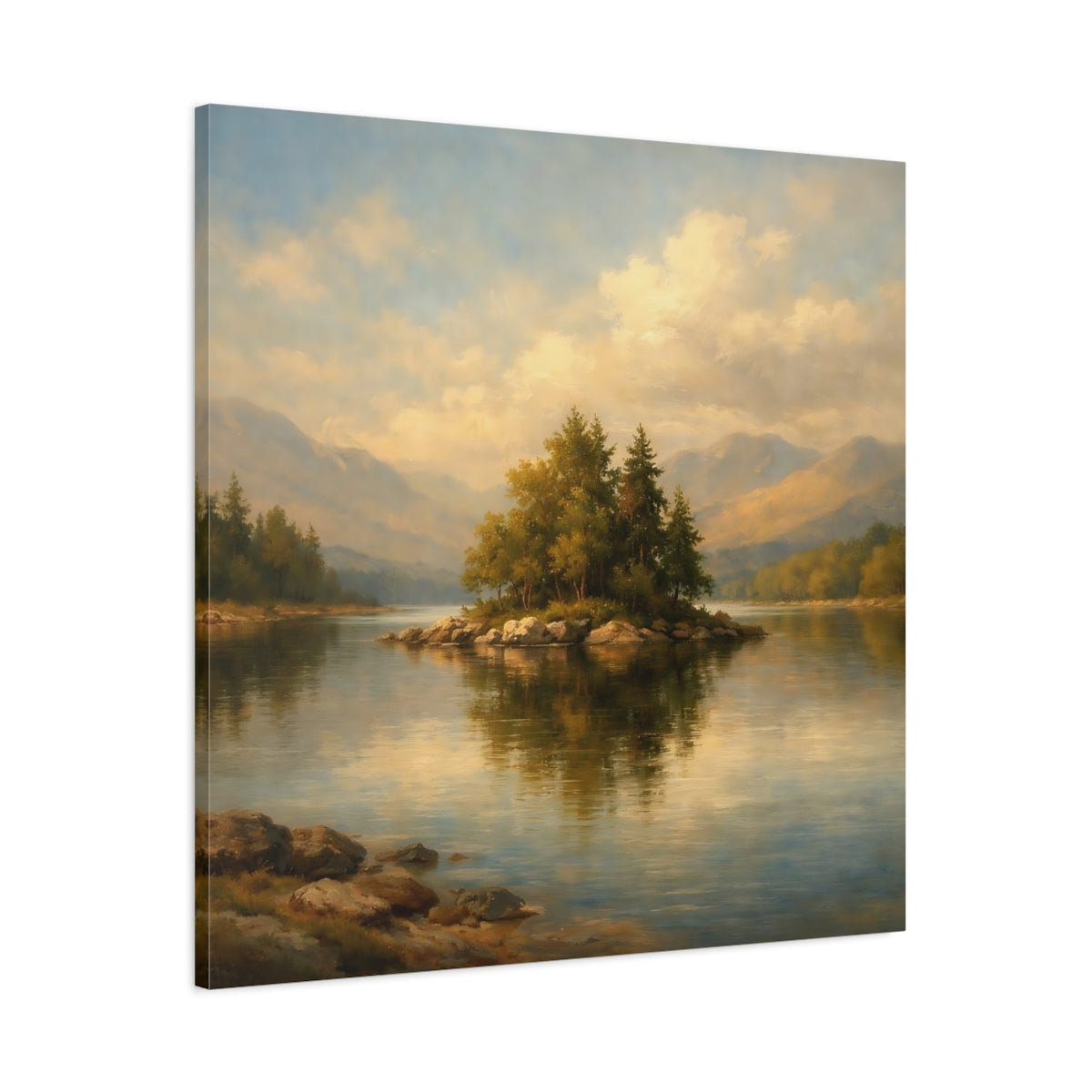 Side Mockup 2. Nature Lake Island Lake Mountain Landscape shown as stretched canvas wall art