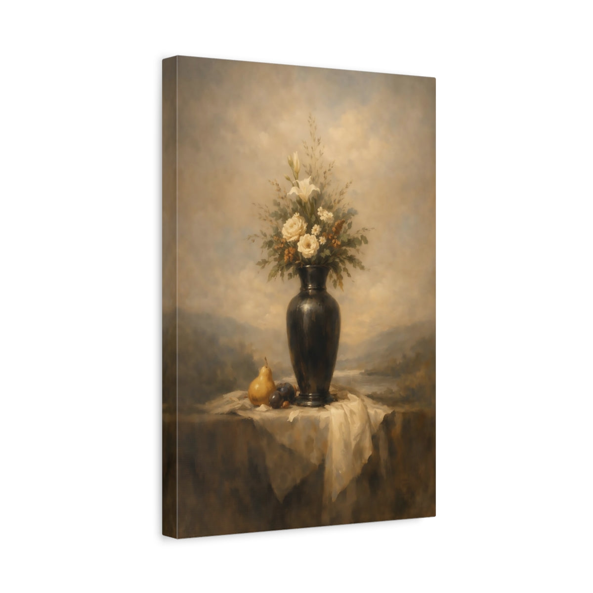 Side Mockup 4. Floral Floral Vase Cream And Brown Still Life shown as stretched canvas wall art