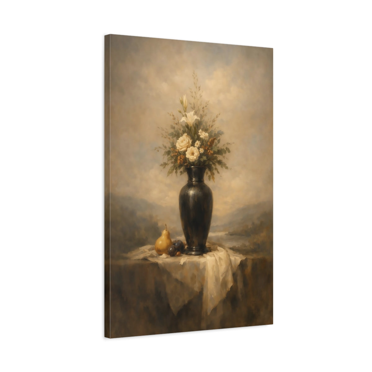 Side Mockup 2. Floral Floral Vase Cream And Brown Still Life shown as stretched canvas wall art