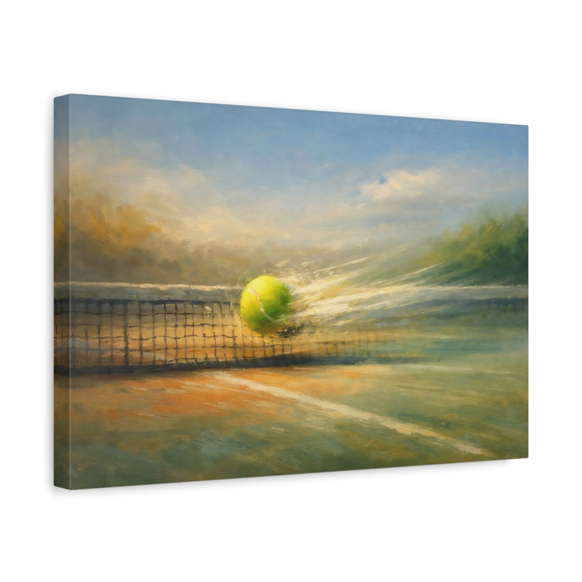 Side Mockup 4. Panoramic Abstract Tennis Rally Dynamic Motion Scene shown as stretched canvas wall art