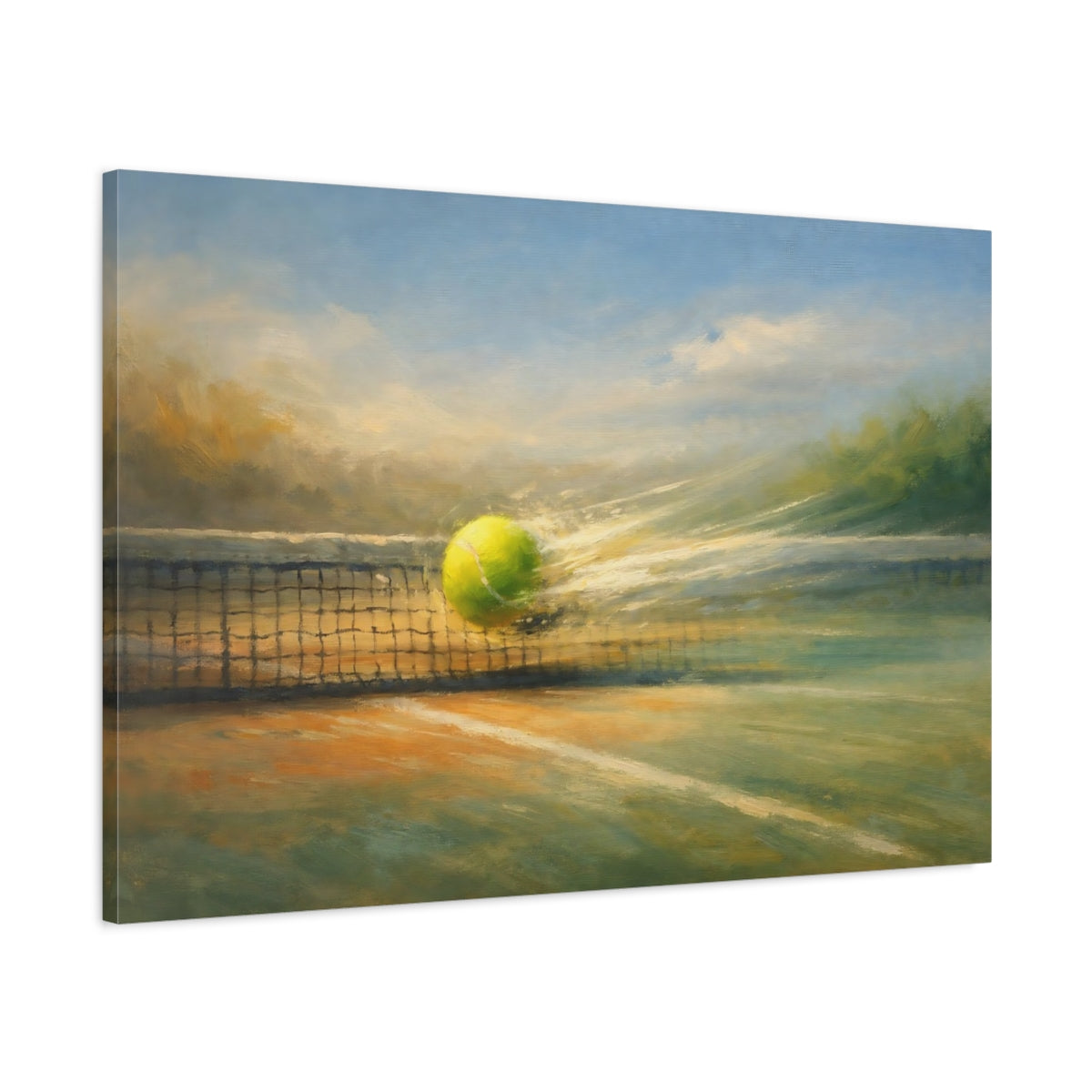 Side Mockup 1. Panoramic Abstract Tennis Rally Dynamic Motion Scene shown as stretched canvas wall art