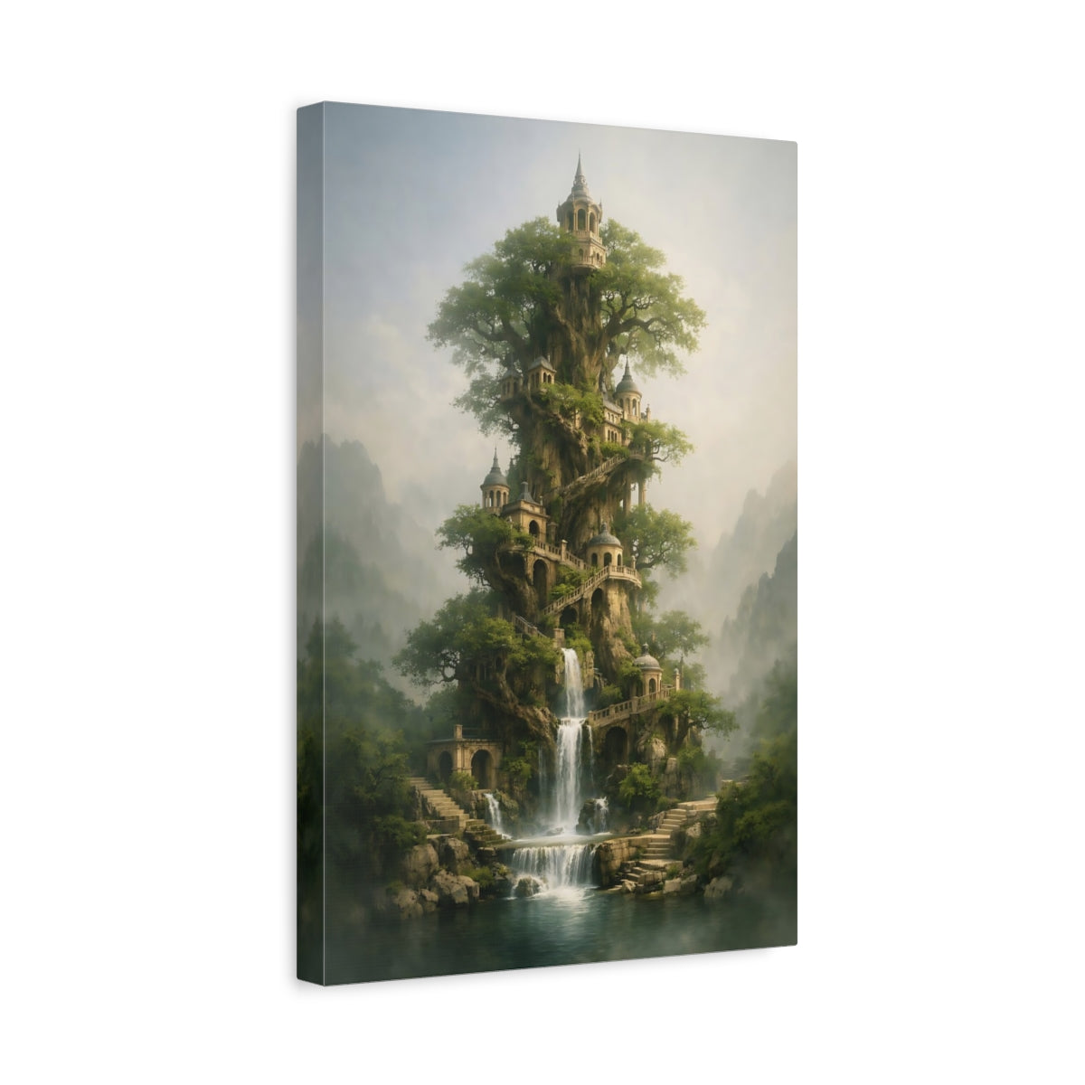 Side Mockup 4. Fairytale Enchanted Tree Green Fantasy Landscape shown as stretched canvas wall art