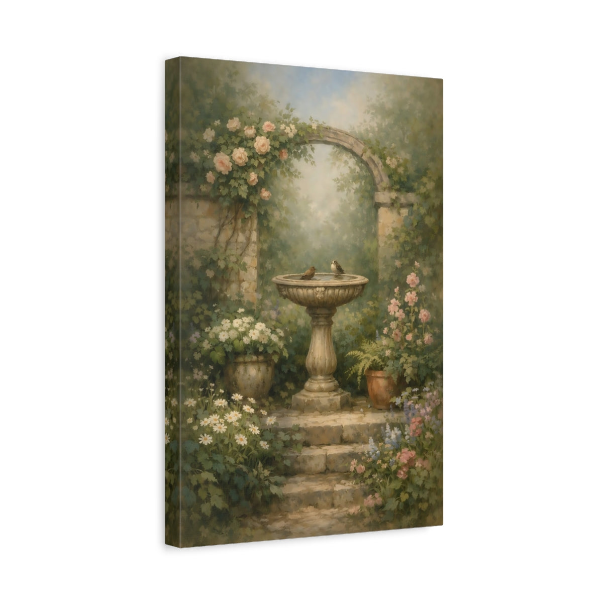 Side Mockup 4. Nature Bird Bath Rustic Garden shown as stretched canvas wall art