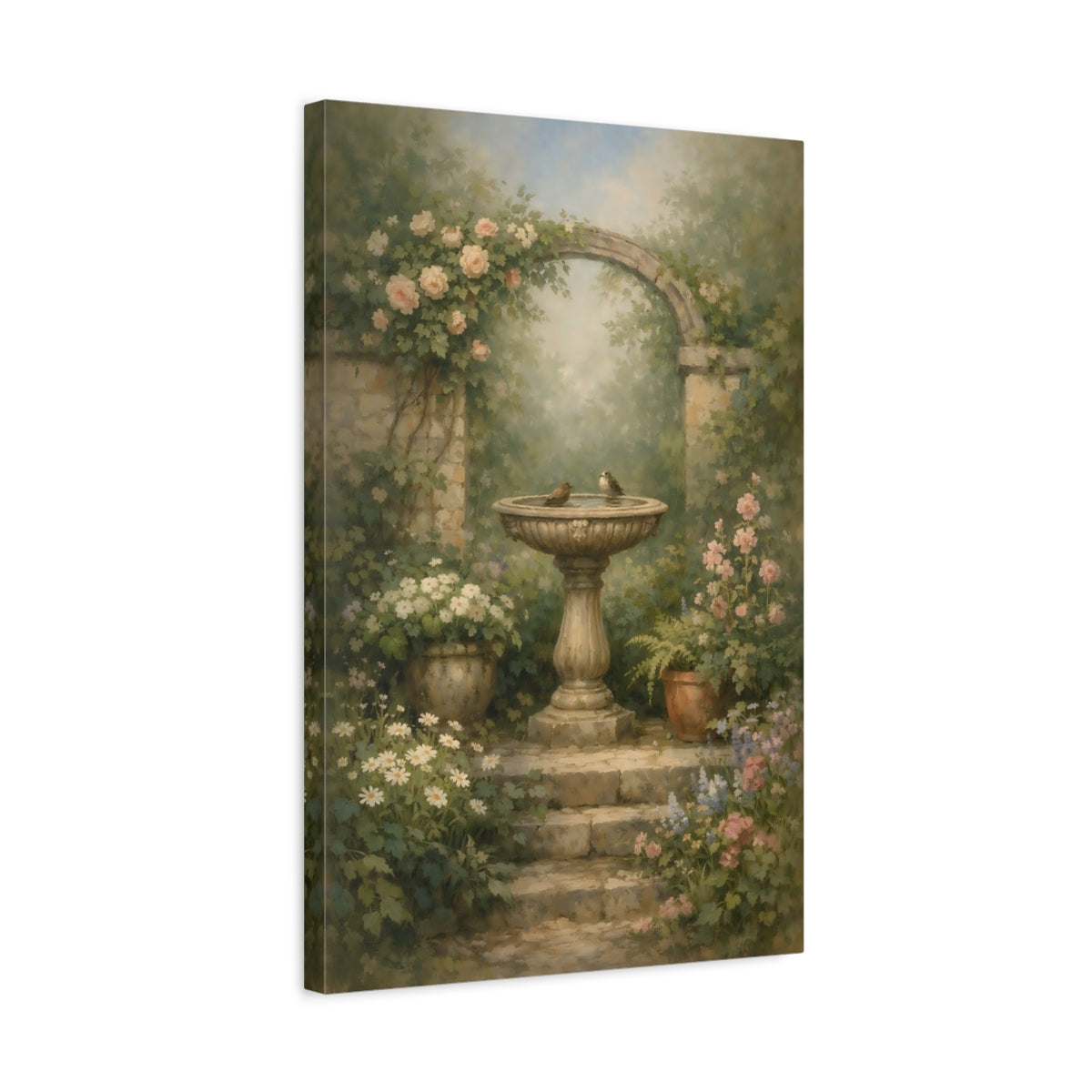 Side Mockup 3. Nature Bird Bath Rustic Garden shown as stretched canvas wall art