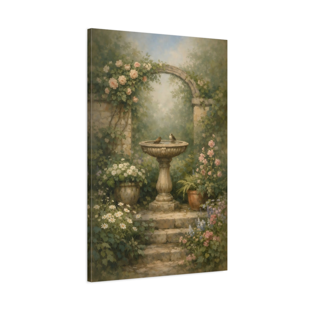 Side Mockup 1. Nature Bird Bath Rustic Garden shown as stretched canvas wall art