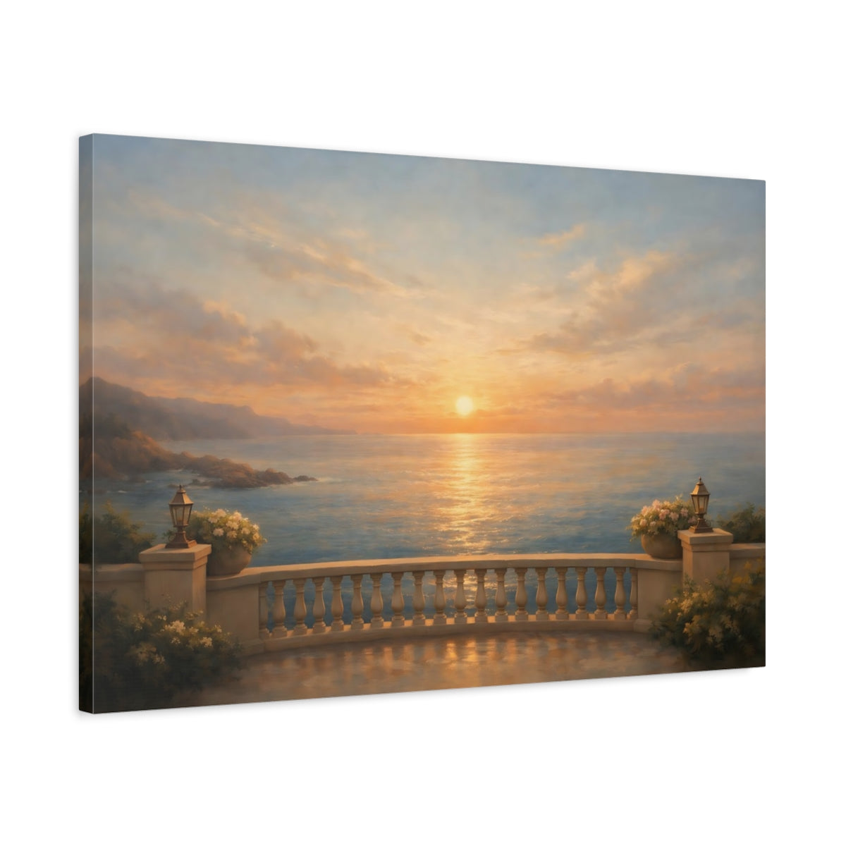 Side Mockup 2. Gallery Style Balcony Ocean Horizon View shown as stretched canvas wall art