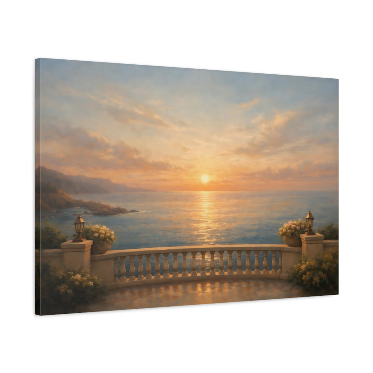Side Mockup 1. Gallery Style Balcony Ocean Horizon View shown as stretched canvas wall art