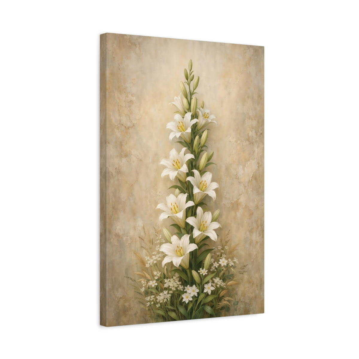 Side Mockup 3. Floral White Lilies White Lilies shown as stretched canvas wall art