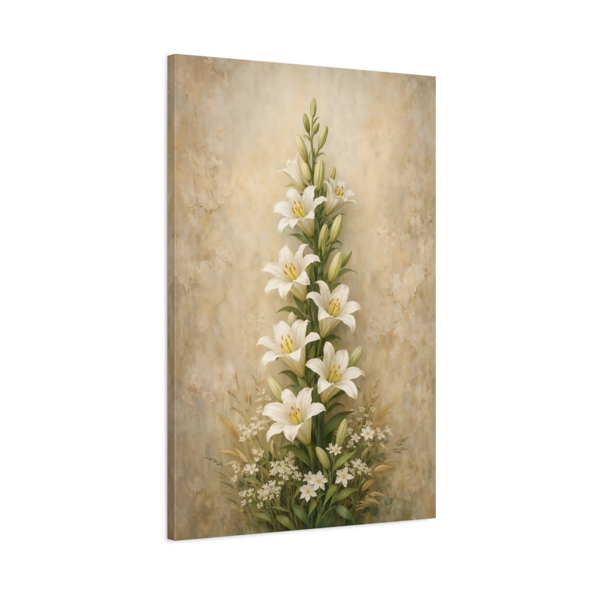 Side Mockup 1. Floral White Lilies White Lilies shown as stretched canvas wall art