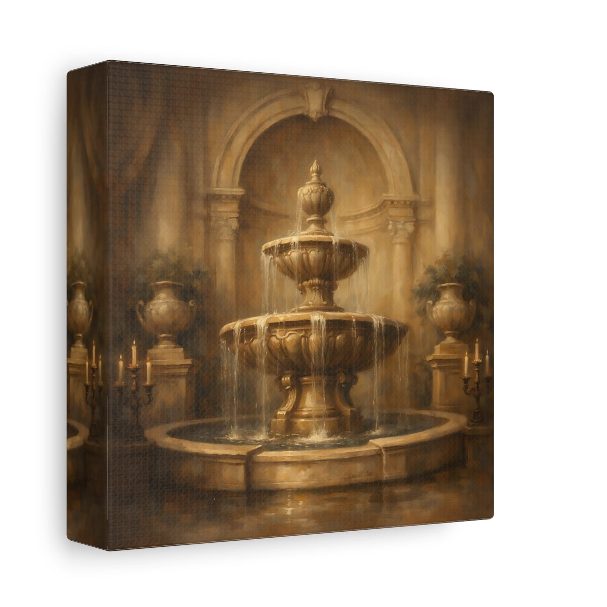 Side Mockup 1. Vintage Fountain Gold Fountain shown as stretched canvas wall art