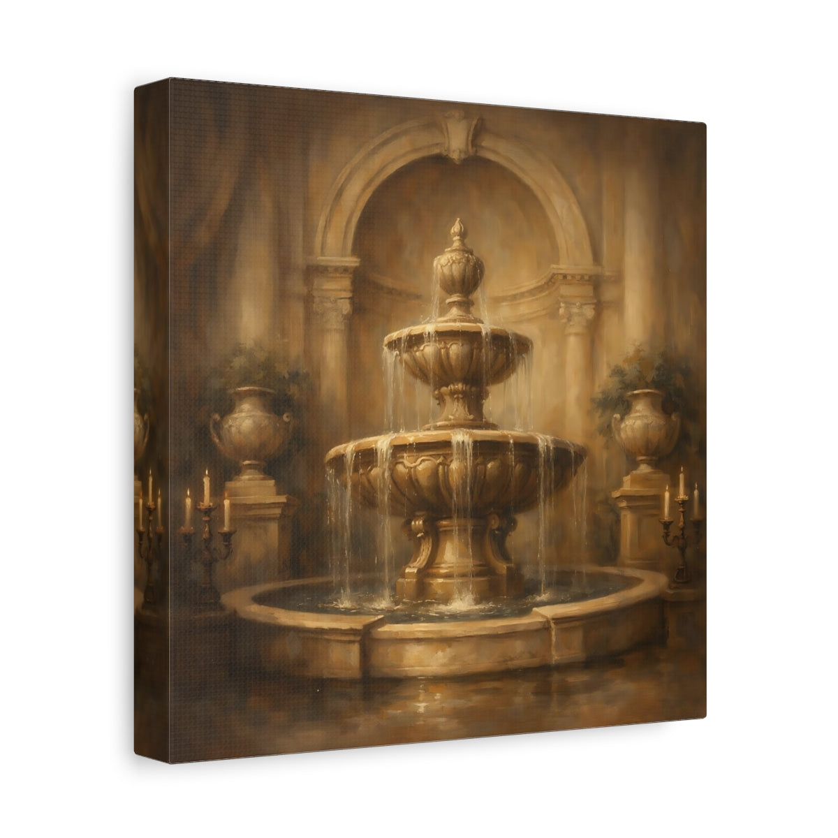 Side Mockup 9. Vintage Fountain Gold Fountain shown as stretched canvas wall art