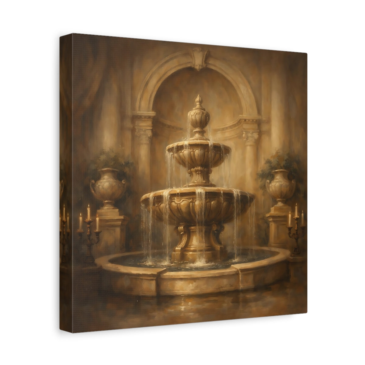 Side Mockup 8. Vintage Fountain Gold Fountain shown as stretched canvas wall art