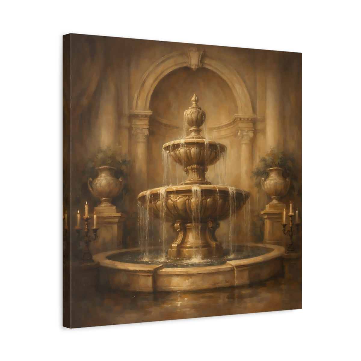 Side Mockup 5. Vintage Fountain Gold Fountain shown as stretched canvas wall art