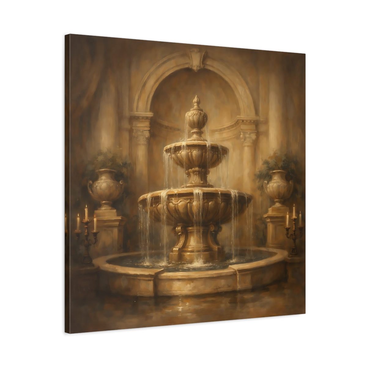 Side Mockup 3. Vintage Fountain Gold Fountain shown as stretched canvas wall art
