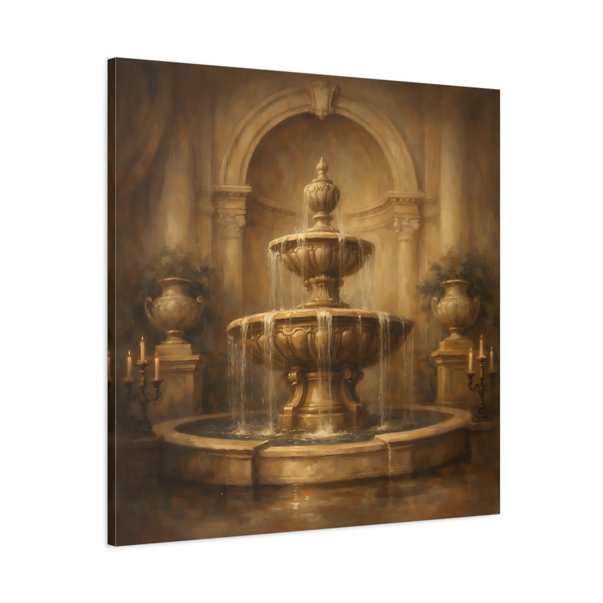 Side Mockup 2. Vintage Fountain Gold Fountain shown as stretched canvas wall art