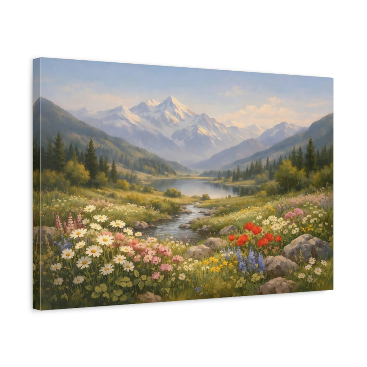 Vintage Wildflowers Valley Mountain Lake Nature - Canvas Wall Art Print