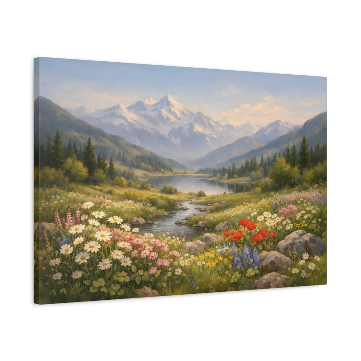 Vintage Wildflowers Valley Mountain Lake Nature - Canvas Wall Art Print