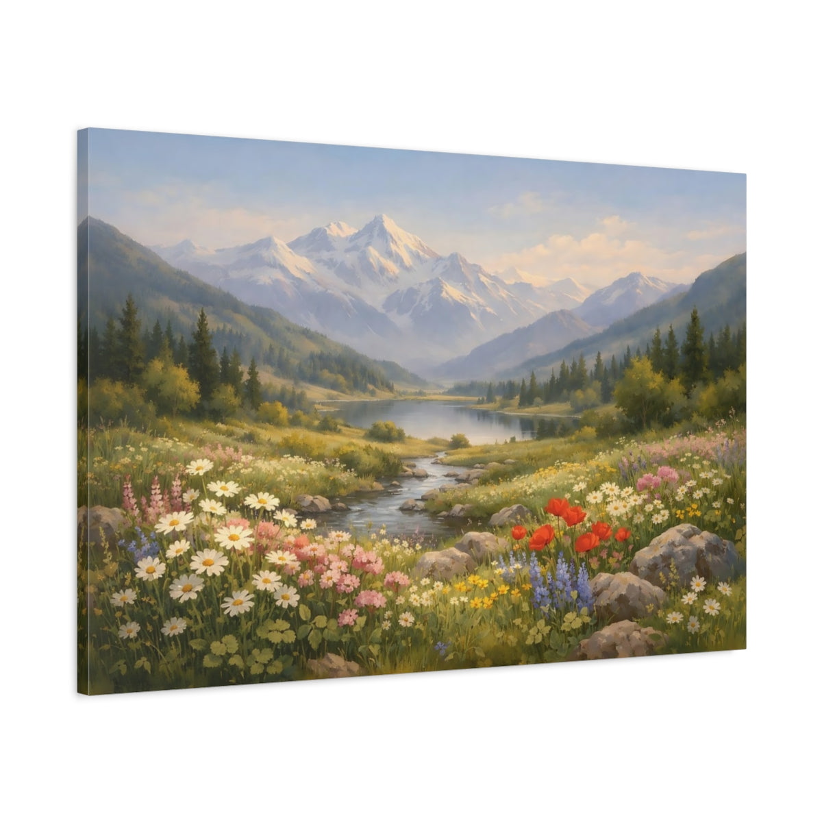 Vintage Wildflowers Valley Mountain Lake Nature - Canvas Wall Art Print