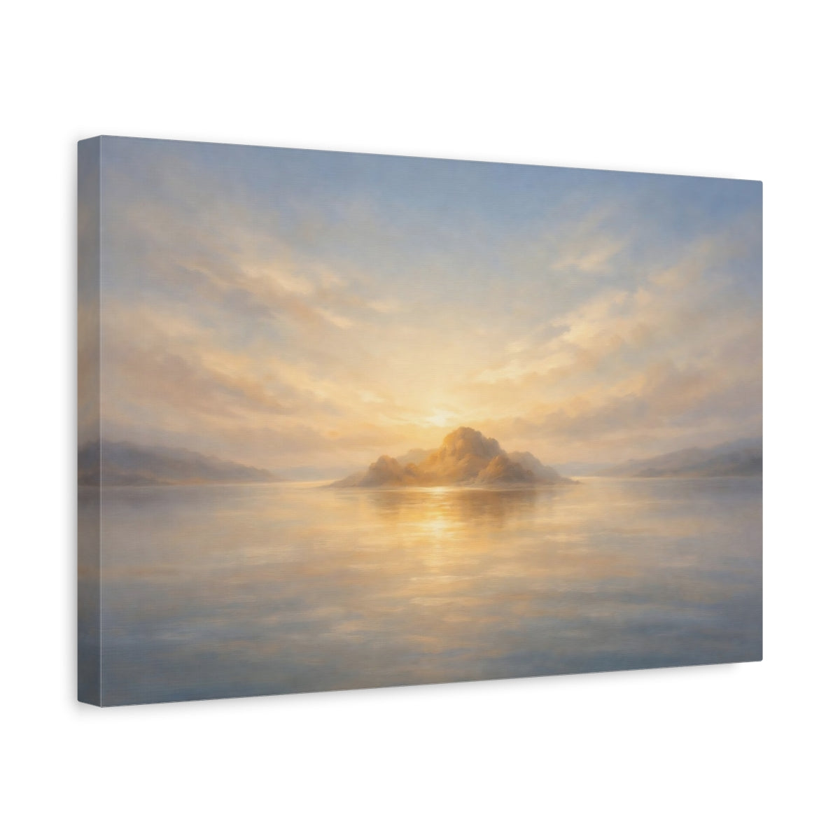 Side Mockup 4. Nature Island Sunset Golden Horizon shown as stretched canvas wall art