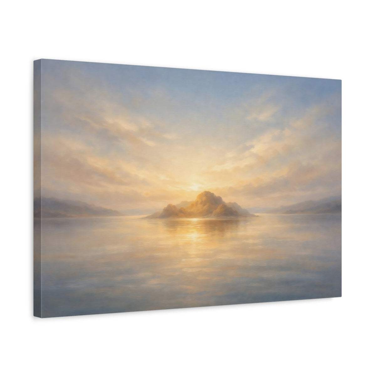 Side Mockup 3. Nature Island Sunset Golden Horizon shown as stretched canvas wall art