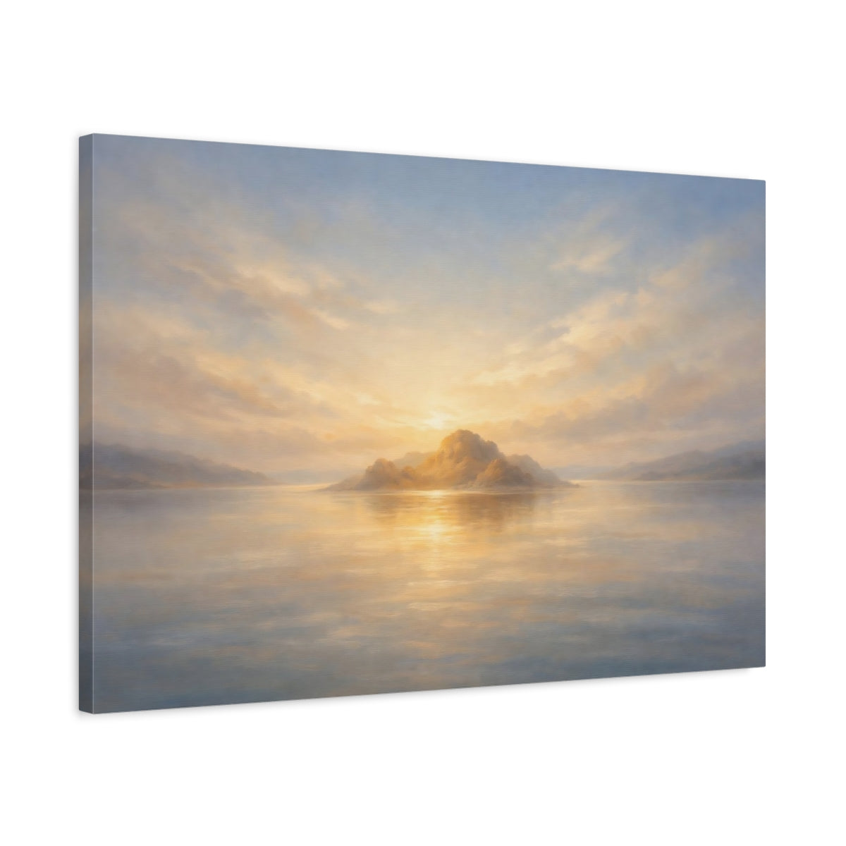 Side Mockup 2. Nature Island Sunset Golden Horizon shown as stretched canvas wall art